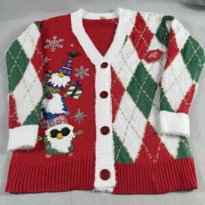 Holiday Time Women’s Christmas Argyle Gnome Cardigan Sweater S Red Green White
